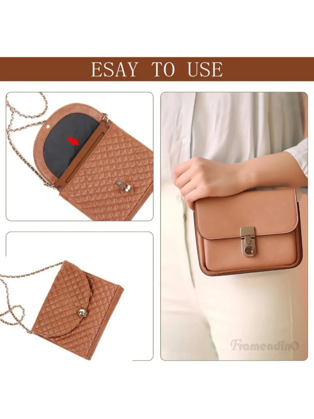 Purse Insert Organizer with Metal Chain, Handbag Divider & Pocket for Women